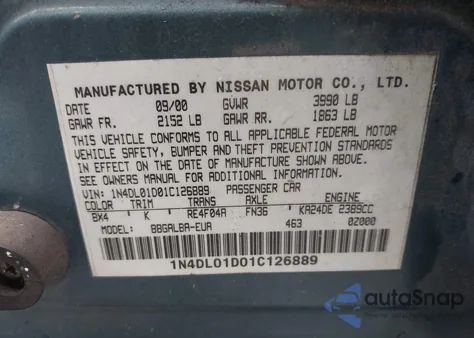 2001 Nissan Altima Gxe from USA, damaged, VIN 1N4DL01D01C126889